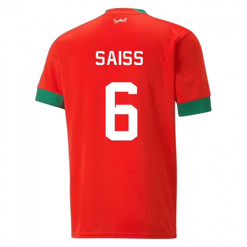 Hombre Camiseta Marruecos Romain Saiss #6 Rojo 1ª Equipación 22-24 La Camisa Argentina