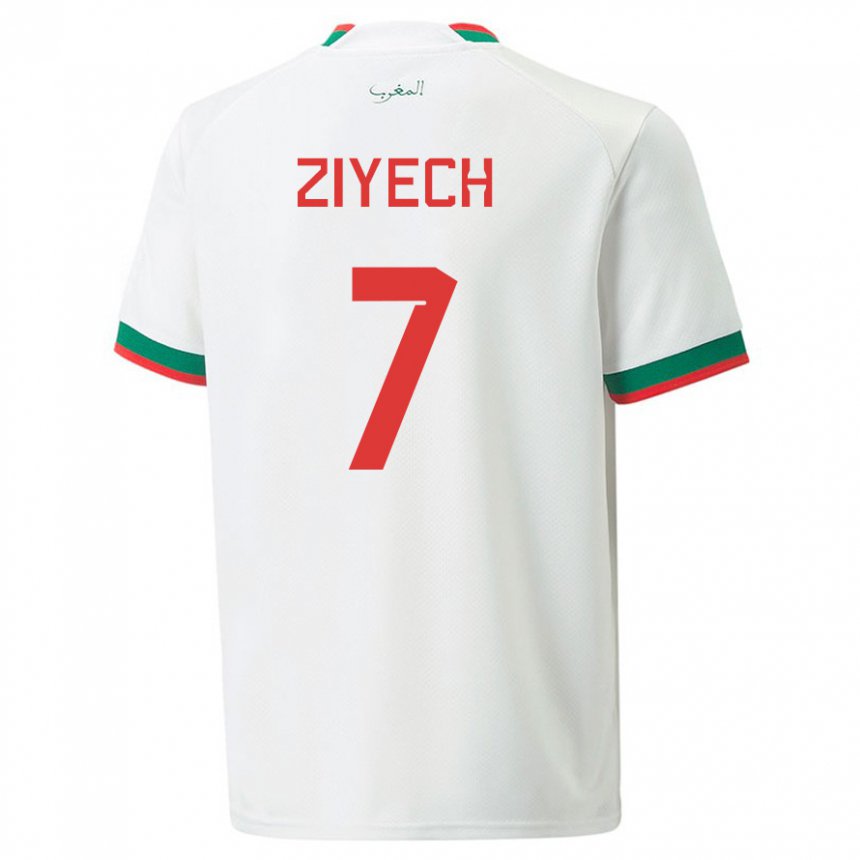 Hombre Camiseta Marruecos Hakim Ziyech #7 Blanco 2ª Equipación 22-24 La Camisa Argentina