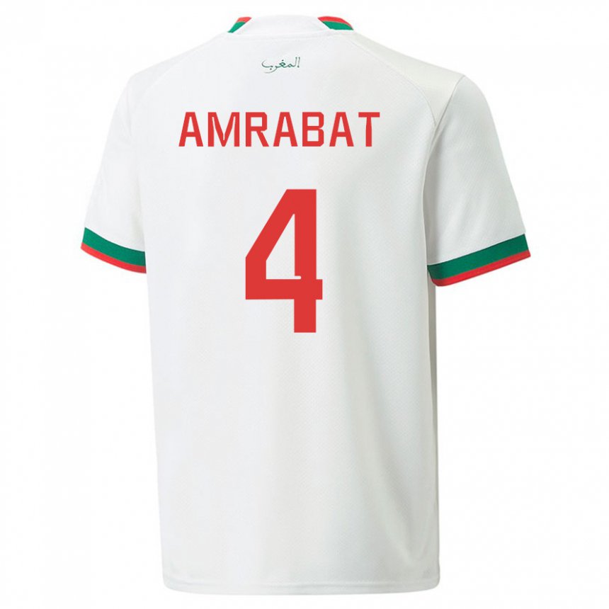 Mujer Camiseta Marruecos Soufiane Amrabat #4 Blanco 2ª Equipación 22-24 La Camisa Argentina