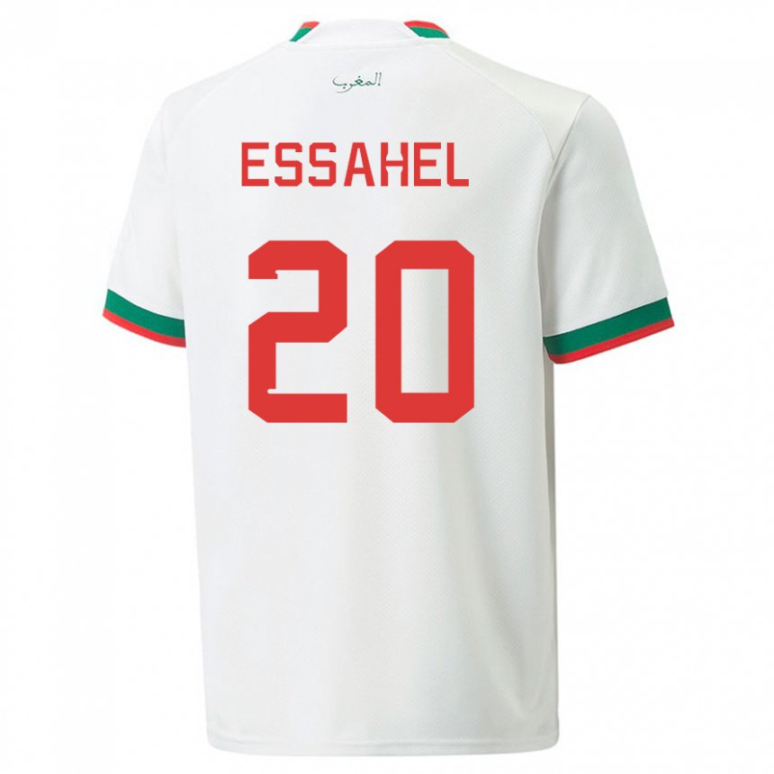 Mujer Camiseta Marruecos Mohammed Amine Essahel #20 Blanco 2ª Equipación 22-24 La Camisa Argentina