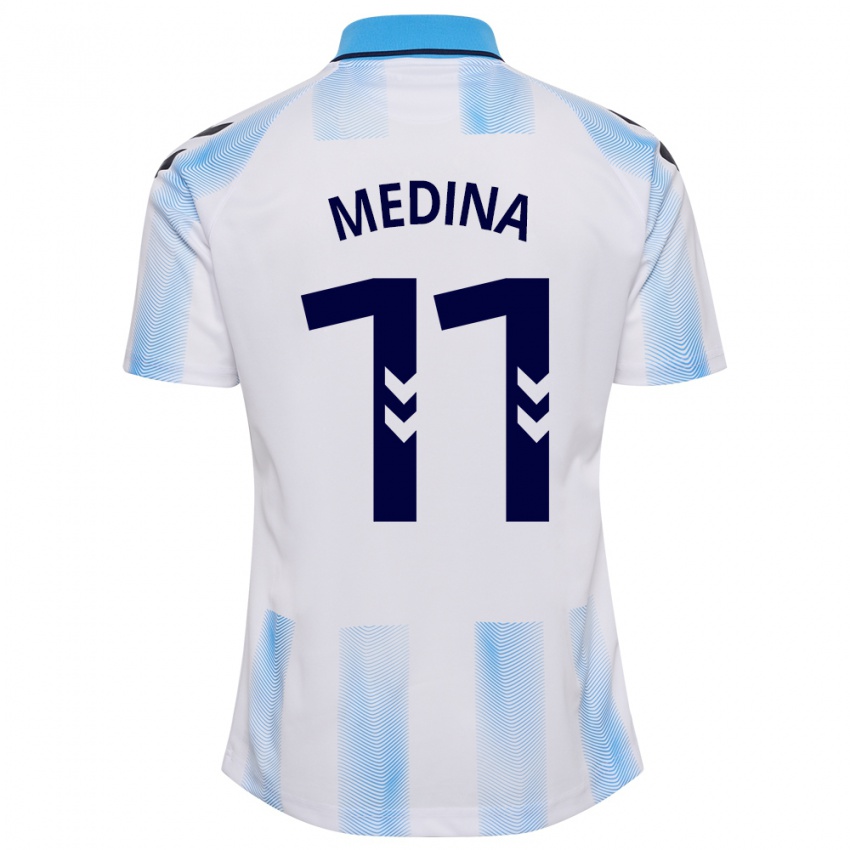 Hombre Camiseta Kevin Medina #11 Blanco Azul 1ª Equipación 2023/24 La Camisa Argentina