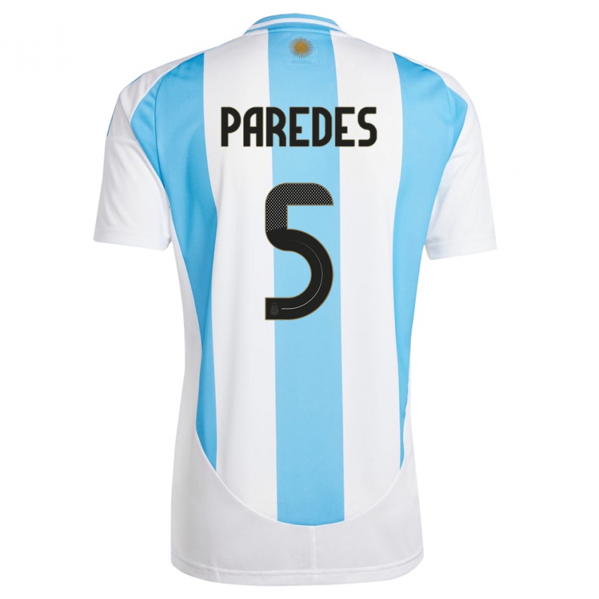 Hombre Camiseta Argentina Leandro Paredes #5 Blanco Azul 1ª Equipación 24-26 La Camisa Argentina