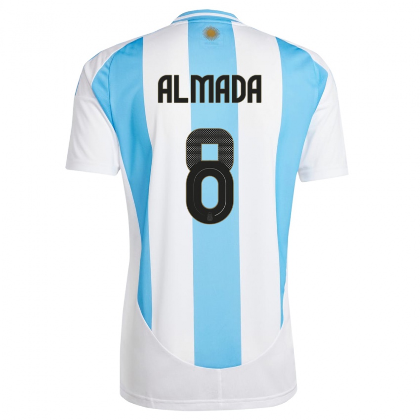 Hombre Camiseta Argentina Thiago Almada #8 Blanco Azul 1ª Equipación 24-26 La Camisa Argentina