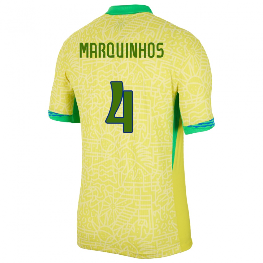 Hombre Camiseta Brasil Marquinhos #4 Amarillo 1ª Equipación 24-26 La Camisa Argentina