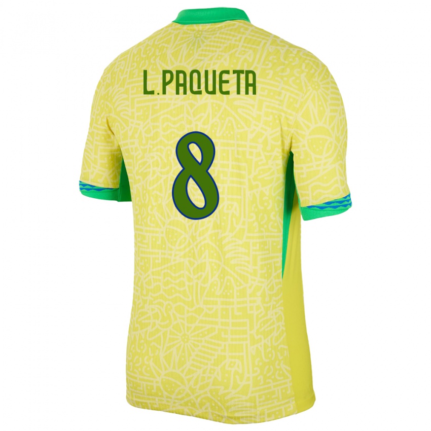 Hombre Camiseta Brasil Lucas Paqueta #8 Amarillo 1ª Equipación 24-26 La Camisa Argentina