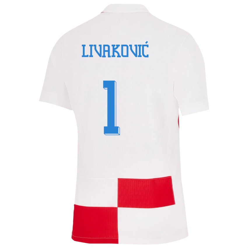 Hombre Camiseta Croacia Dominik Livakovic #1 Blanco Rojo 1ª Equipación 24-26 La Camisa Argentina