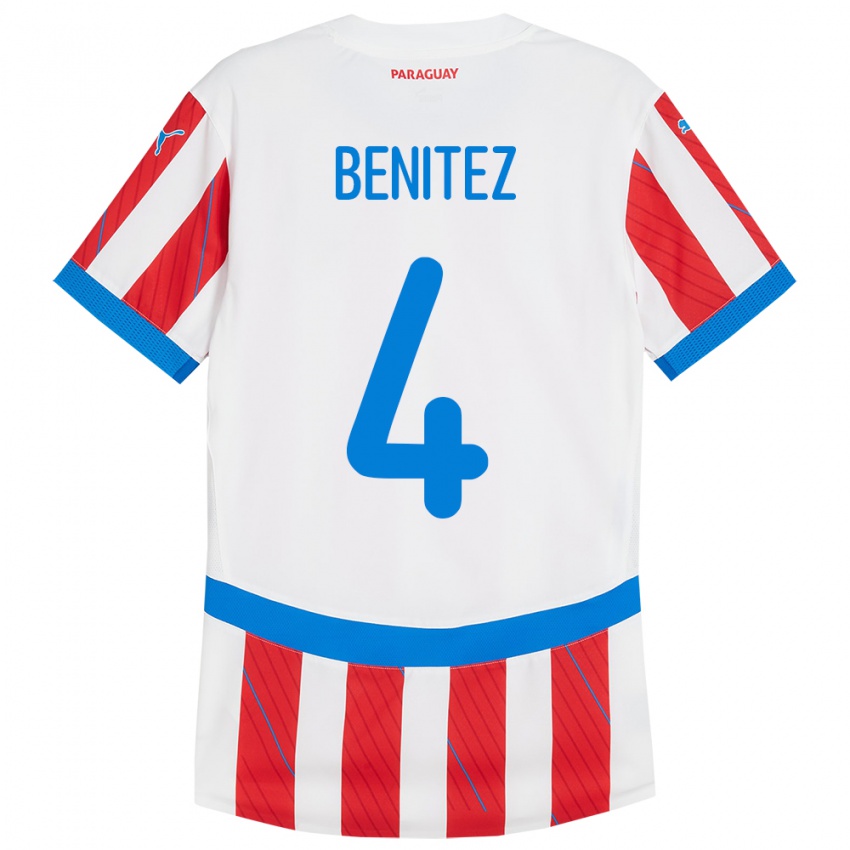 Hombre Camiseta Paraguay Gastón Benítez #4 Blanco Rojo 1ª Equipación 24-26 La Camisa Argentina