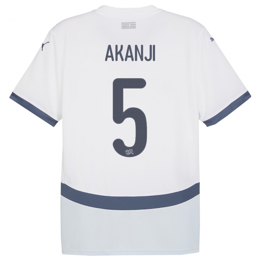 Hombre Camiseta Suiza Manuel Akanji #5 Blanco 2ª Equipación 24-26 La Camisa Argentina