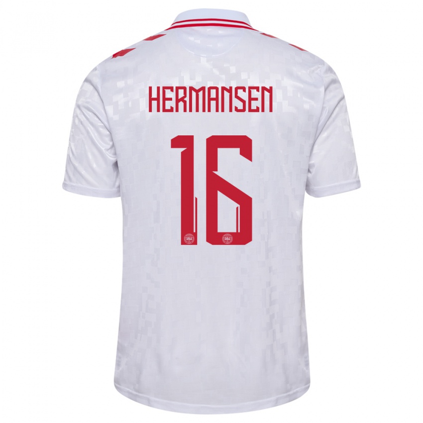 Hombre Camiseta Dinamarca Mads Hermansen #16 Blanco 2ª Equipación 24-26 La Camisa Argentina