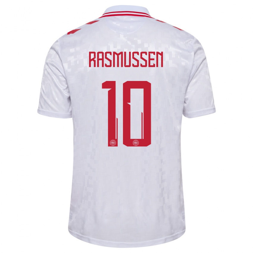 Hombre Camiseta Dinamarca Christian Rasmussen #10 Blanco 2ª Equipación 24-26 La Camisa Argentina