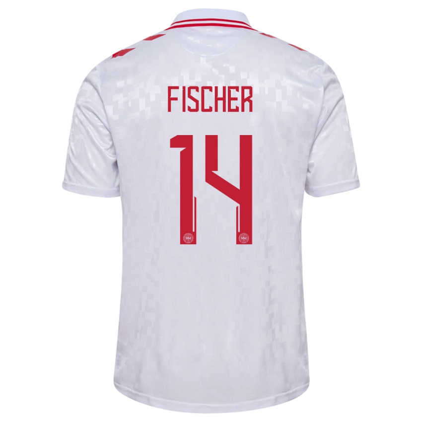 Hombre Camiseta Dinamarca Mikkel Fischer #14 Blanco 2ª Equipación 24-26 La Camisa Argentina