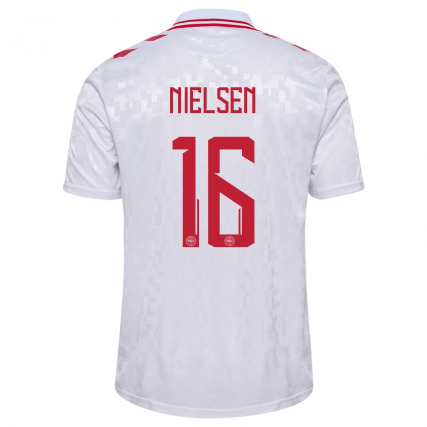 Hombre Camiseta Dinamarca Magnus Nielsen #16 Blanco 2ª Equipación 24-26 La Camisa Argentina