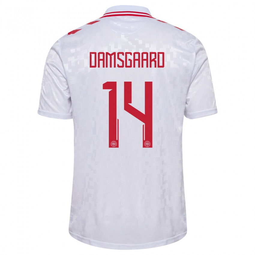 Hombre Camiseta Dinamarca Mikkel Damsgaard #14 Blanco 2ª Equipación 24-26 La Camisa Argentina