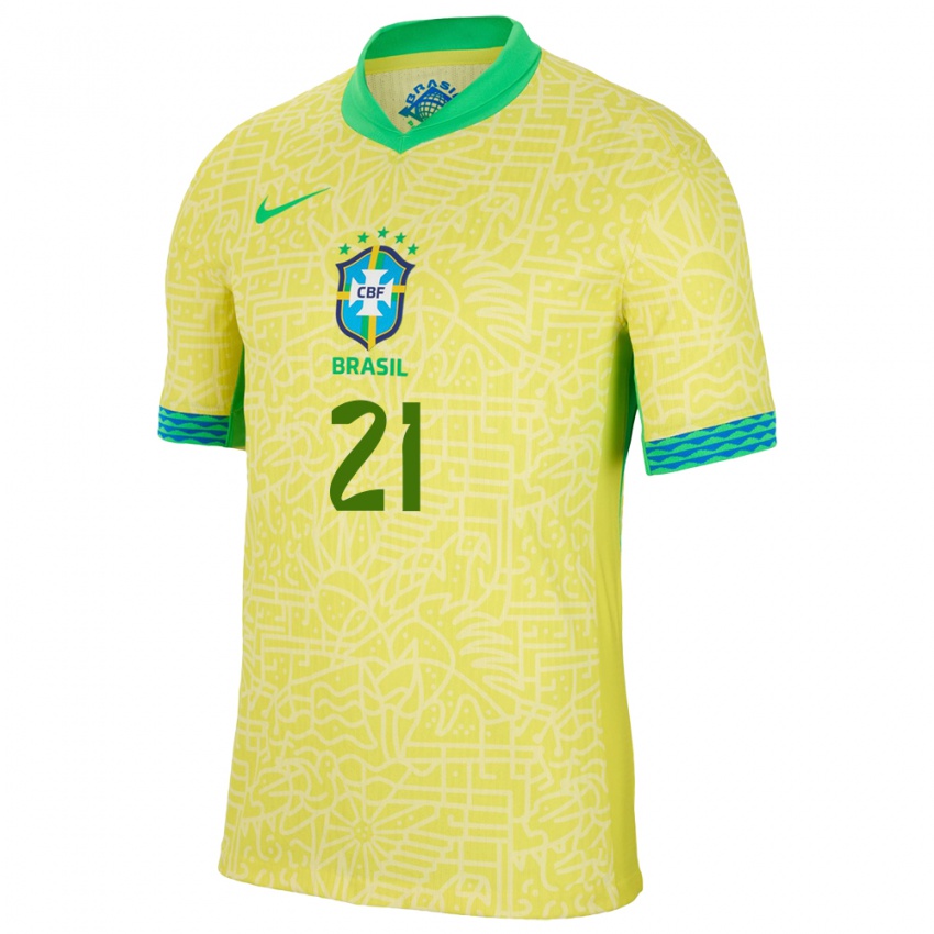 Mujer Camiseta Brasil Matheus Cunha #21 Amarillo 1ª Equipación 24-26 La Camisa Argentina