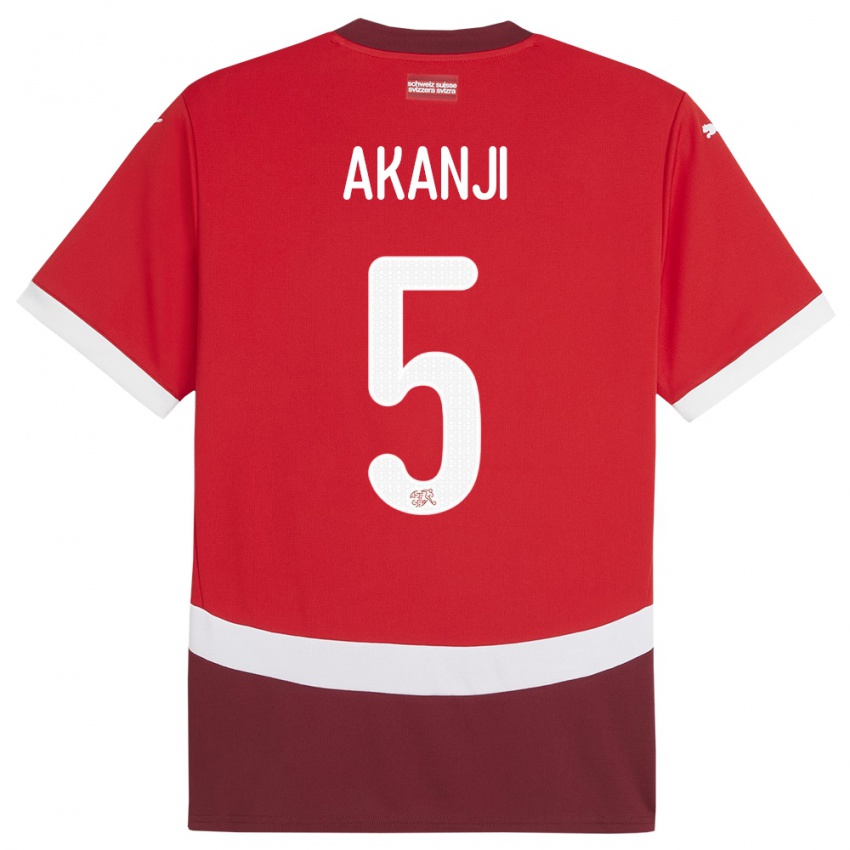 Mujer Camiseta Suiza Manuel Akanji #5 Rojo 1ª Equipación 24-26 La Camisa Argentina