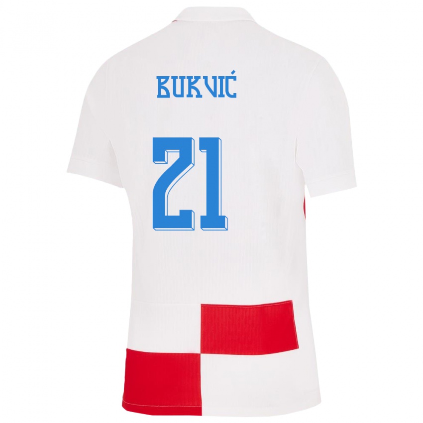 Mujer Camiseta Croacia Domagoj Bukvic #21 Blanco Rojo 1ª Equipación 24-26 La Camisa Argentina