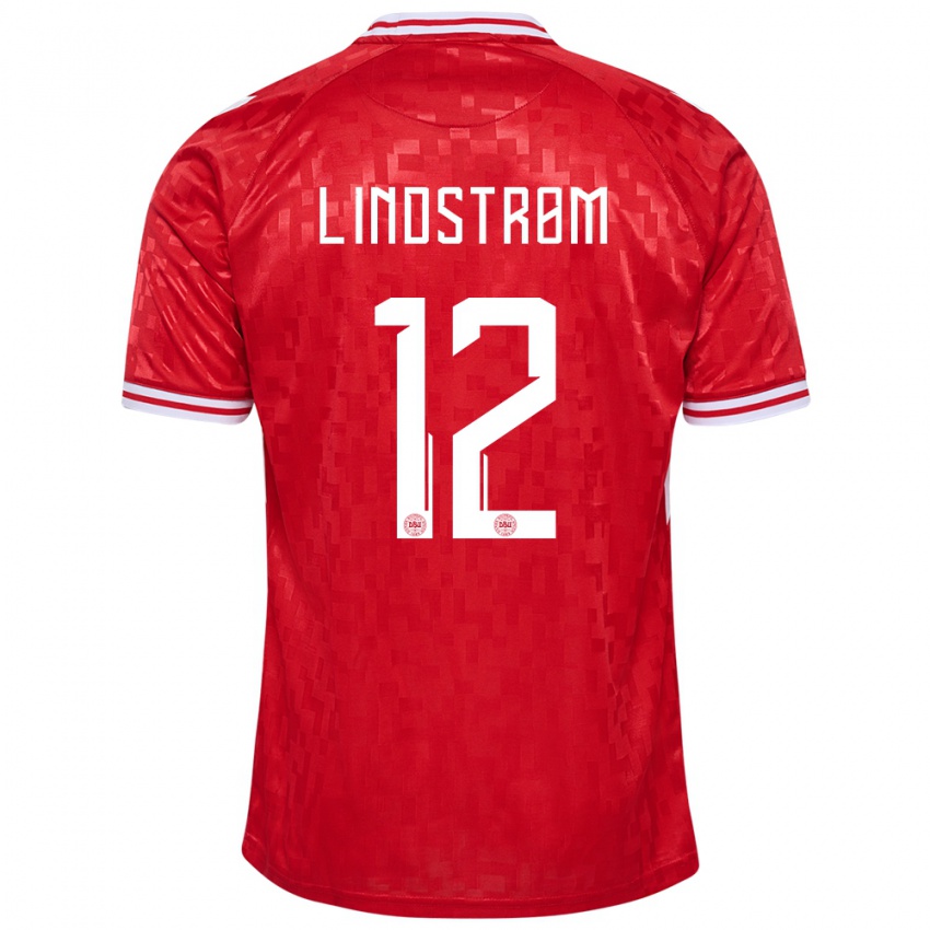 Mujer Camiseta Dinamarca Jesper Lindstrom #12 Rojo 1ª Equipación 24-26 La Camisa Argentina