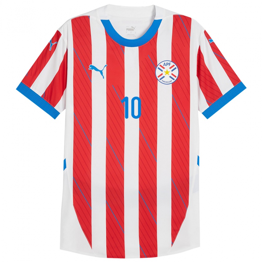 Mujer Camiseta Paraguay Paulo Riveros #10 Blanco Rojo 1ª Equipación 24-26 La Camisa Argentina
