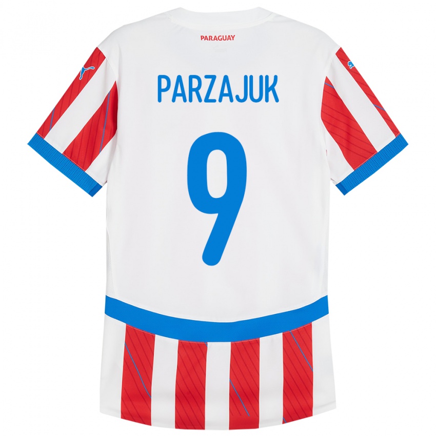 Mujer Camiseta Paraguay Kevin Parzajuk #9 Blanco Rojo 1ª Equipación 24-26 La Camisa Argentina