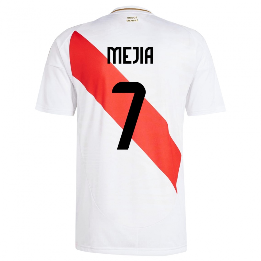 Mujer Camiseta Perú Hiroshi Mejía #7 Blanco 1ª Equipación 24-26 La Camisa Argentina