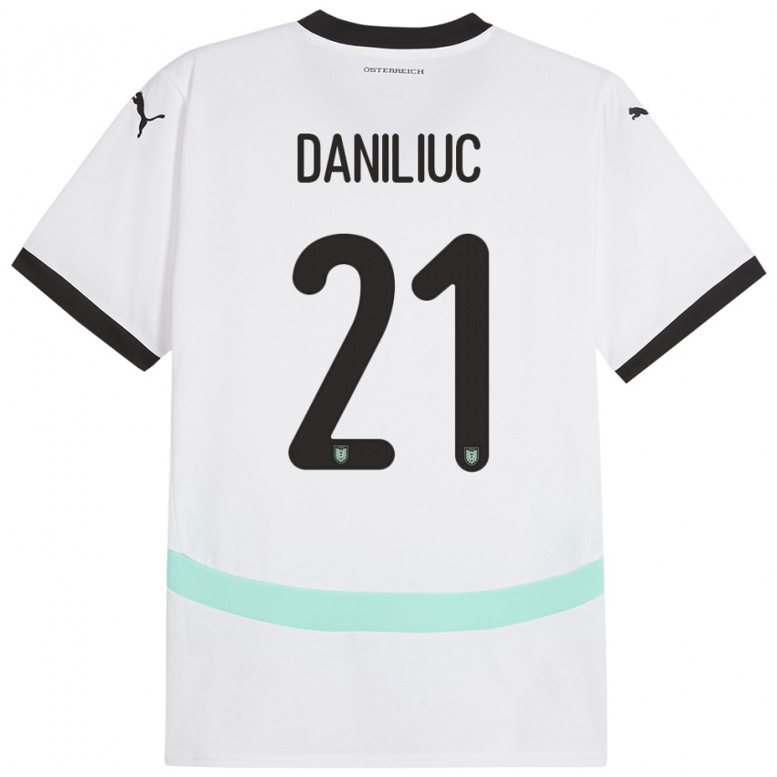 Mujer Camiseta Austria Flavius Daniliuc #21 Blanco 2ª Equipación 24-26 La Camisa Argentina