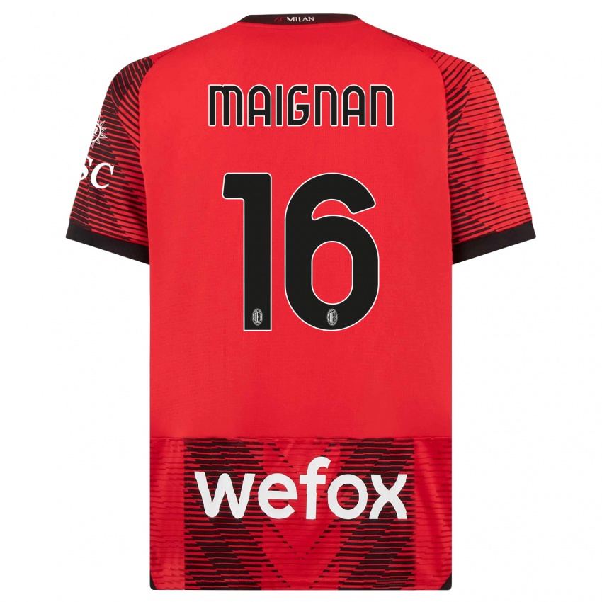 Hombre Camiseta Mike Maignan #16 Negro Rojo 1ª Equipación 2023/24 La Camisa Argentina
