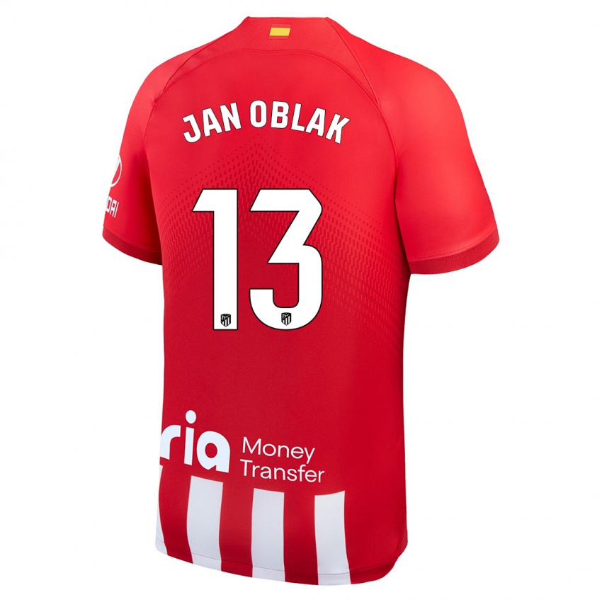 Mujer Camiseta Jan Oblak #13 Rojo Blanco 1ª Equipación 2023/24 La Camisa Argentina