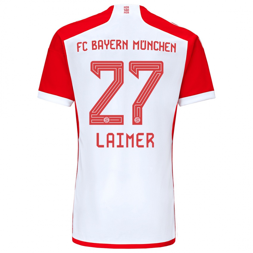 Mujer Camiseta Konrad Laimer #27 Rojo Blanco 1ª Equipación 2023/24 La Camisa Argentina