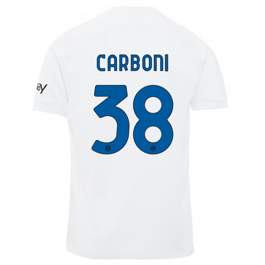 Mujer Camiseta Valentin Carboni #38 Blanco 2ª Equipación 2023/24 La Camisa Argentina