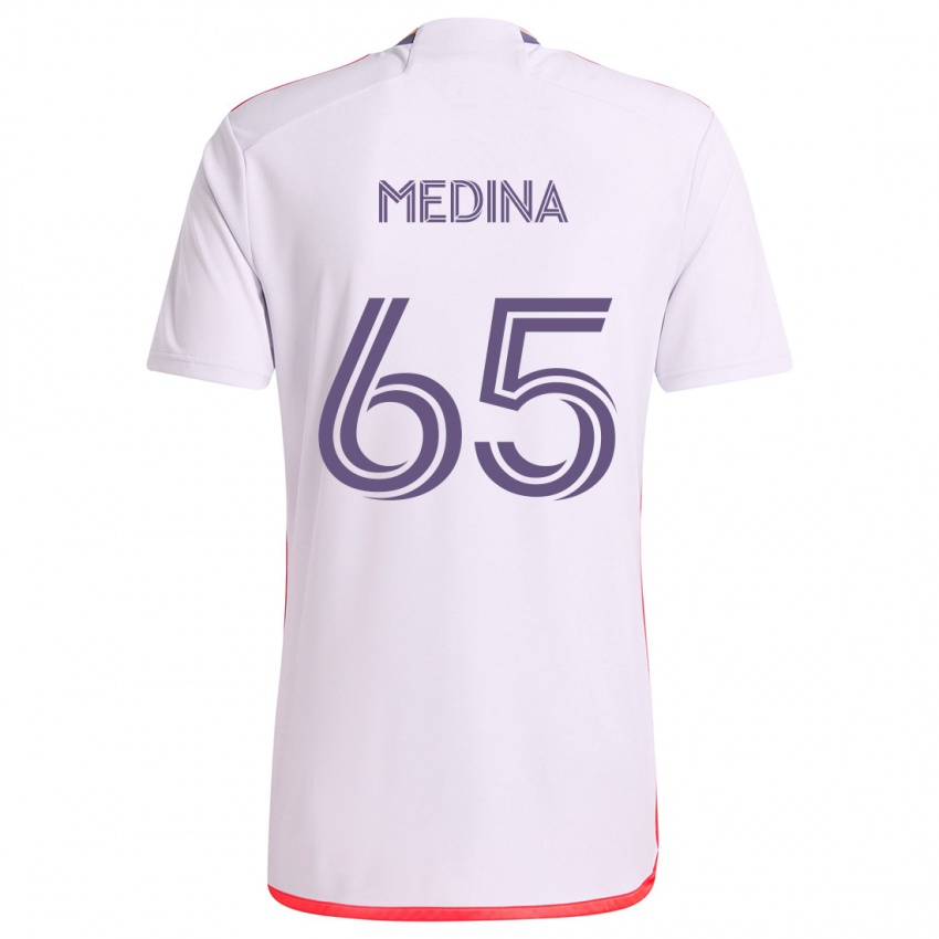 Niño Camiseta Cristian Medina #65 Blanco Rojo Púrpura 2ª Equipación 2024/25 La Camisa Argentina