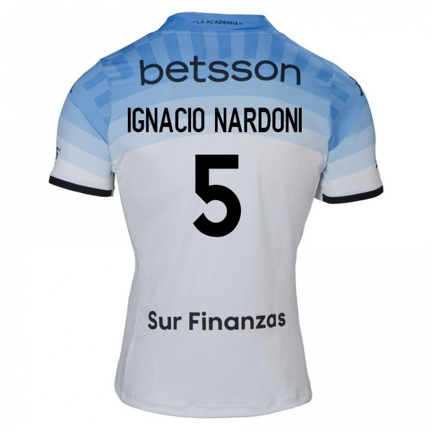 Hombre Camiseta Juan Ignacio Nardoni #5 Blanco Azul Negro 2ª Equipación 2024/25 La Camisa Argentina