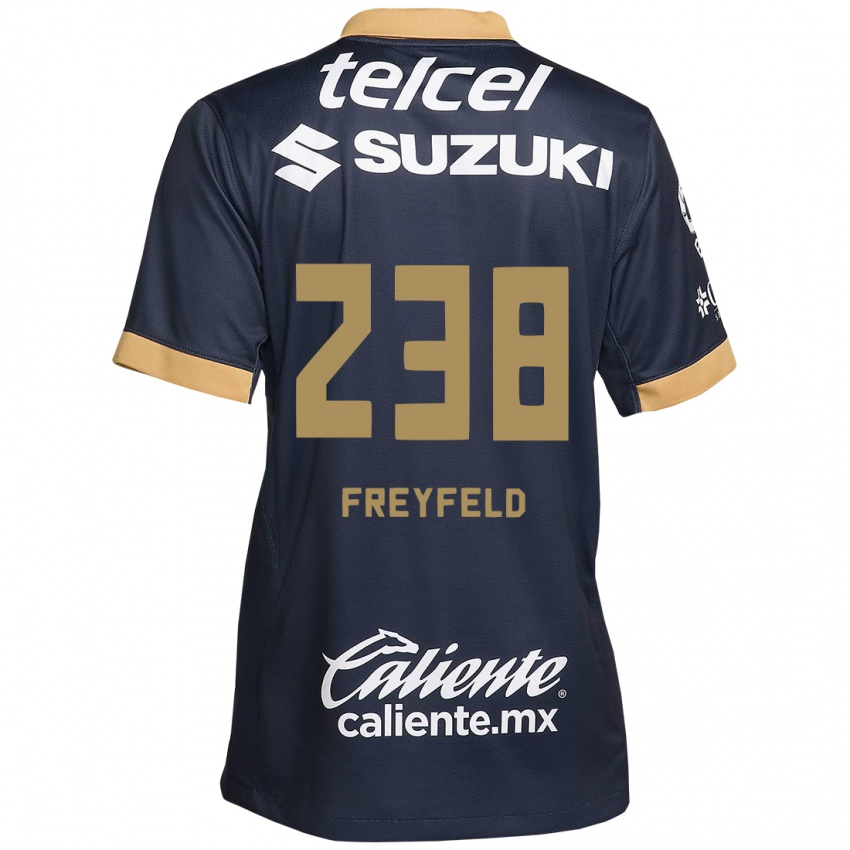 Hombre Camiseta Julián Freyfeld #238 Obsidiana Dorada Blanca 2ª Equipación 2024/25 La Camisa Argentina