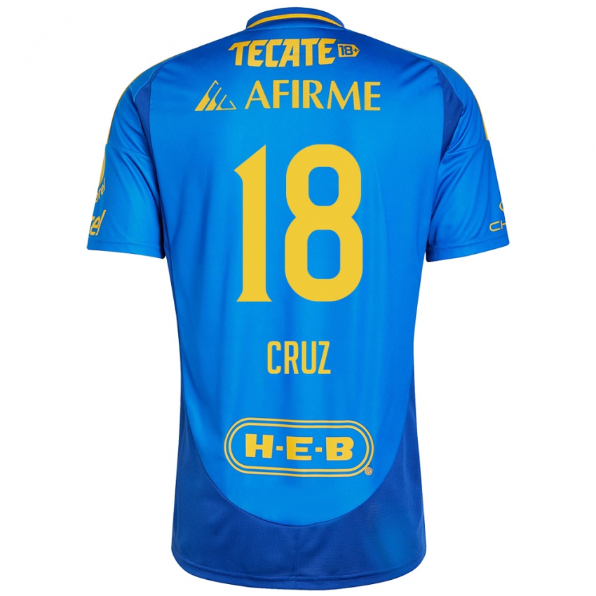 Hombre Camiseta Belen Cruz #18 Azul Amarillo 2ª Equipación 2024/25 La Camisa Argentina