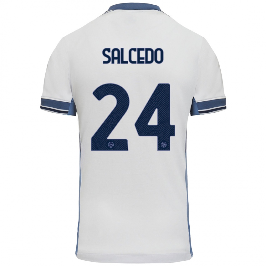 Niño Camiseta Eddie Salcedo #24 Blanco Gris 2ª Equipación 2024/25 La Camisa Argentina