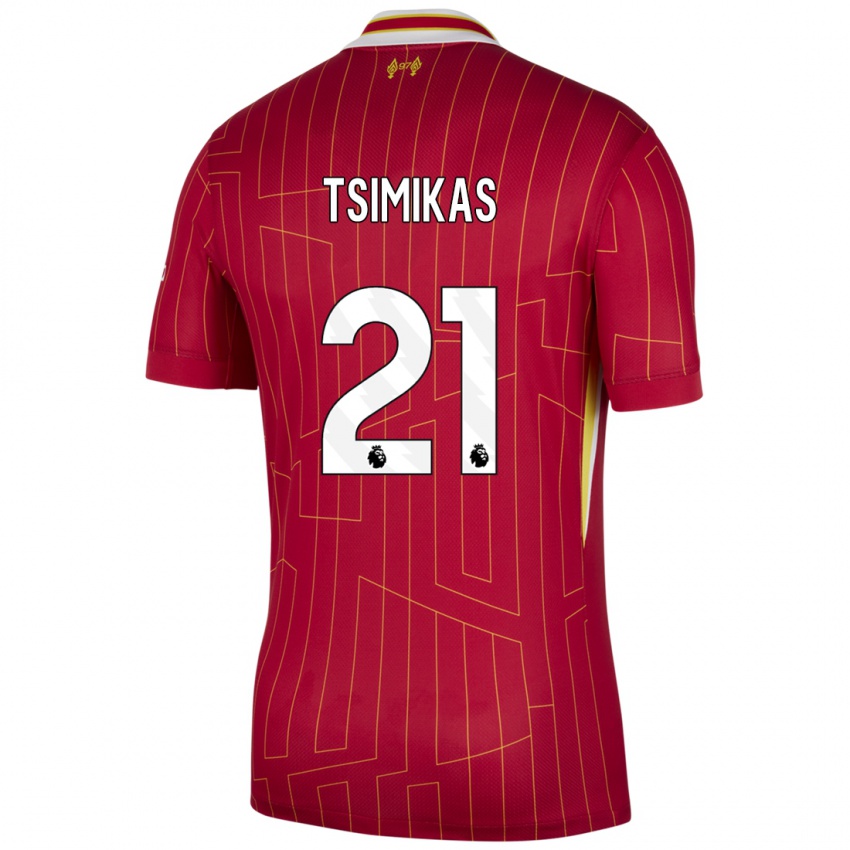 Hombre Camiseta Konstantinos Tsimikas #21 Rojo Amarillo Blanco 1ª Equipación 2024/25 La Camisa Argentina