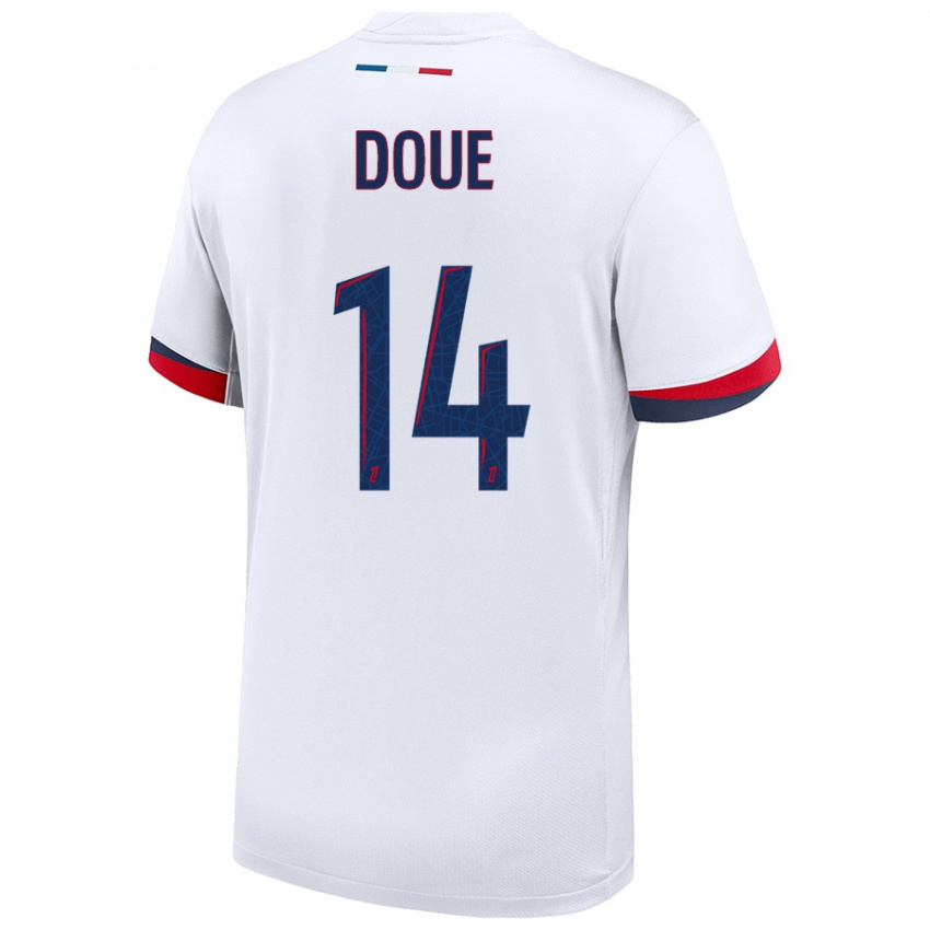 Hombre Camiseta Désiré Doué #14 Blanco Azul Rojo 2ª Equipación 2024/25 La Camisa Argentina