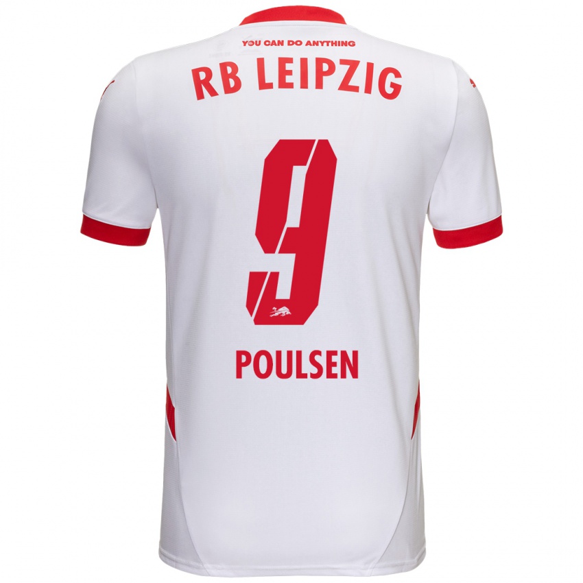 Niño Camiseta Yussuf Poulsen #9 Blanco Rojo 1ª Equipación 2024/25 La Camisa Argentina