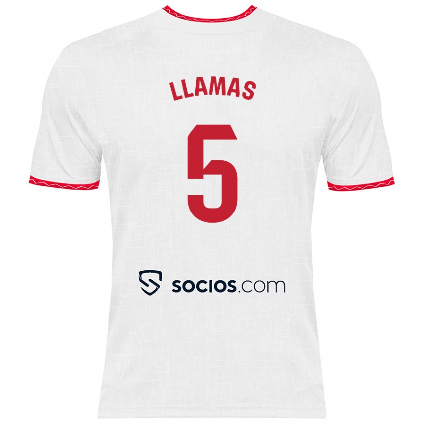 Hombre Camiseta Eva Llamas Hernández #5 Blanco Rojo 1ª Equipación 2024/25 La Camisa Argentina