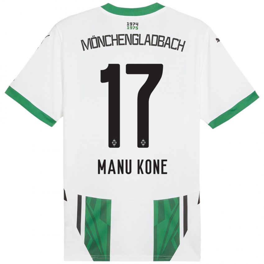 Hombre Camiseta Manu Kone #17 Blanco Verde 1ª Equipación 2024/25 La Camisa Argentina