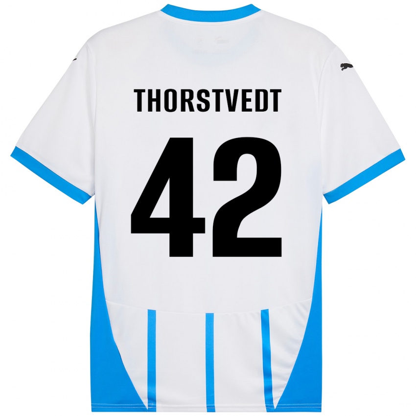 Niño Camiseta Kristian Thorstvedt #42 Blanco Azul 2ª Equipación 2024/25 La Camisa Argentina