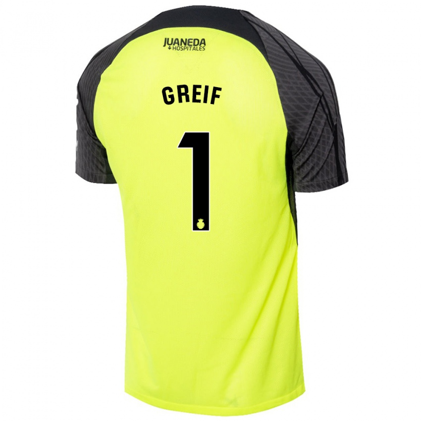 Niño Camiseta Dominik Greif #1 Verde Fluorescente Negro 2ª Equipación 2024/25 La Camisa Argentina