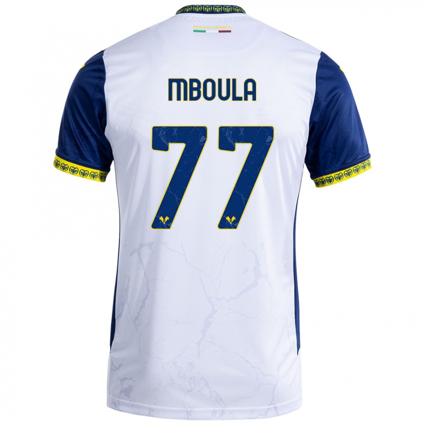 Niño Camiseta Jordi Mboula #77 Blanco Azul 2ª Equipación 2024/25 La Camisa Argentina