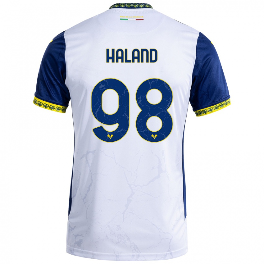 Niño Camiseta Benedicte Iversen Håland #98 Blanco Azul 2ª Equipación 2024/25 La Camisa Argentina