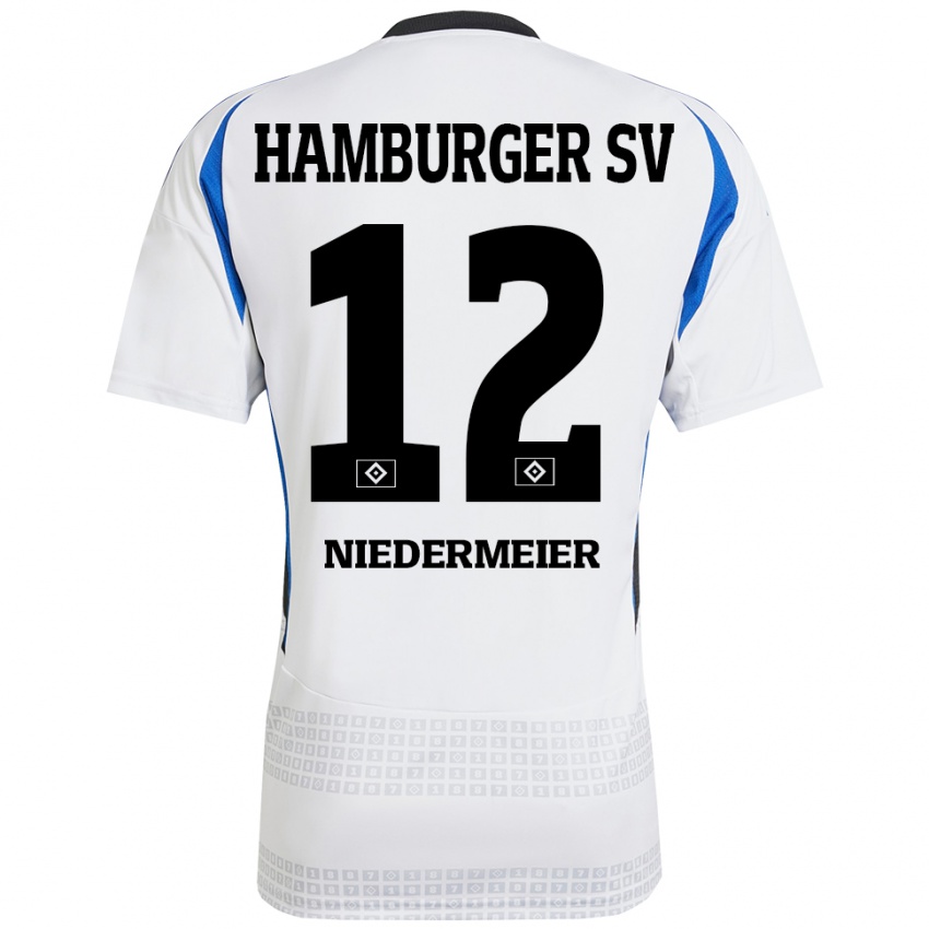 Hombre Camiseta Philipp Niedermeier #12 Blanco Azul 1ª Equipación 2024/25 La Camisa Argentina