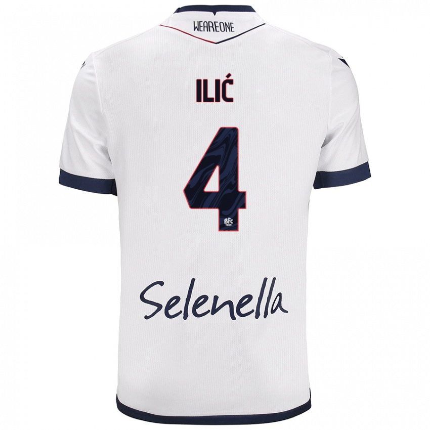 Mujer Camiseta Mihajlo Ilić #4 Blanco Azul Real 2ª Equipación 2024/25 La Camisa Argentina