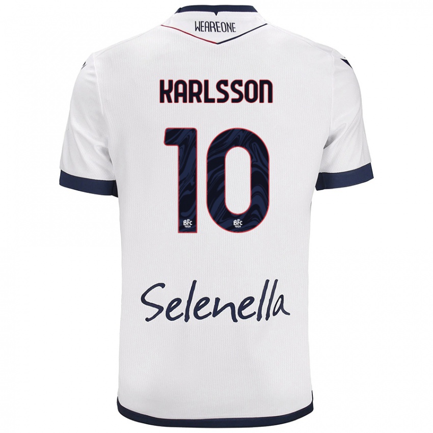 Mujer Camiseta Jesper Karlsson #10 Blanco Azul Real 2ª Equipación 2024/25 La Camisa Argentina