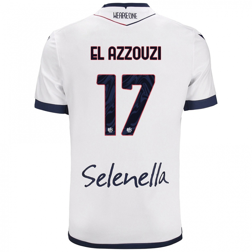 Mujer Camiseta Oussama El Azzouzi #17 Blanco Azul Real 2ª Equipación 2024/25 La Camisa Argentina