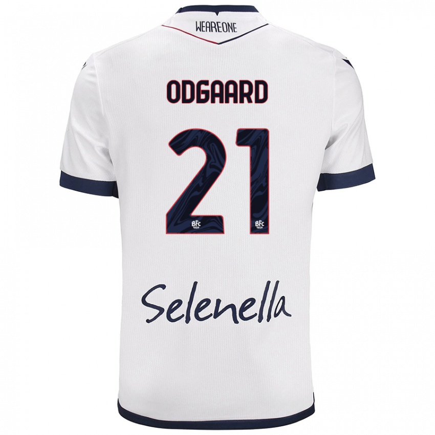 Mujer Camiseta Jens Odgaard #21 Blanco Azul Real 2ª Equipación 2024/25 La Camisa Argentina