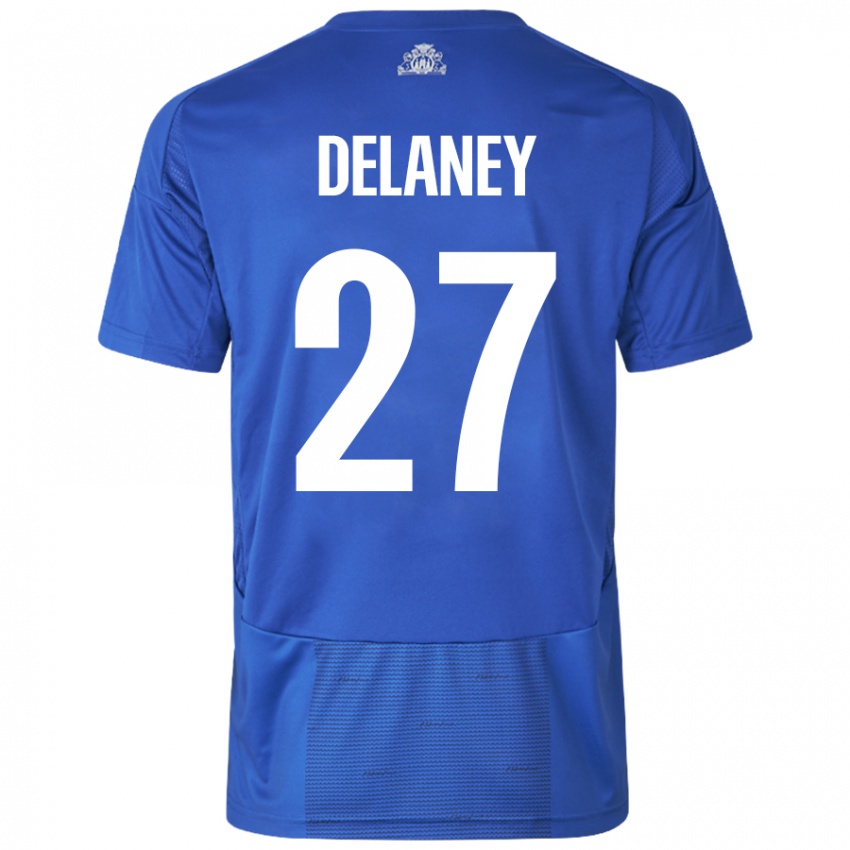 Niño Camiseta Thomas Delaney #27 Blanco Azul 2ª Equipación 2024/25 La Camisa Argentina